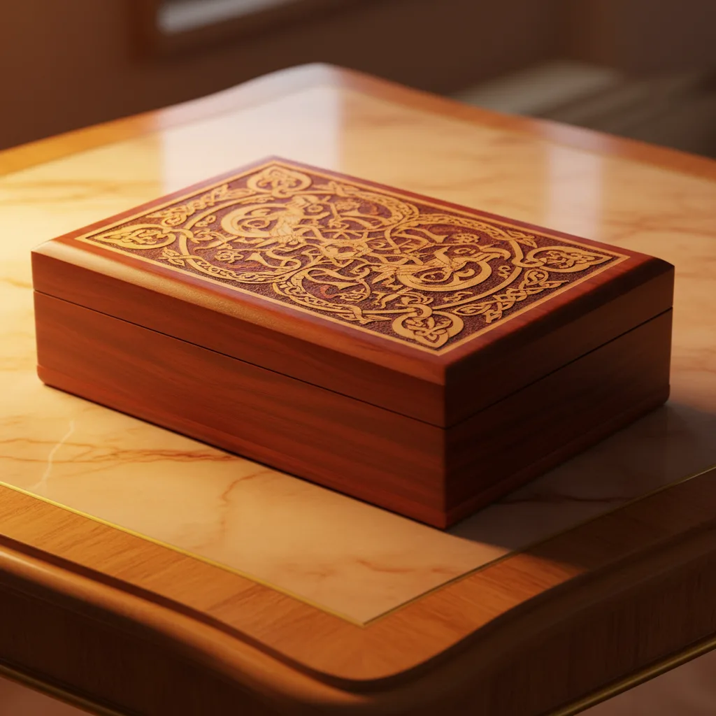 A polished wooden keepsake box with an ornate engraved lid, resting on a marble-topped table